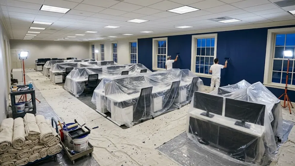 Residential vs Commercial Painting: The Real Differences (From a Company That Does Both) 3 Painters rolling a navy accent wall in an office at night with desks and monitors covered in plastic sheeting