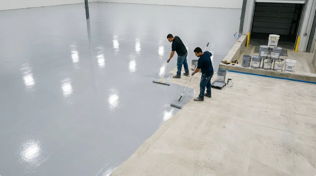 Residential vs Commercial Painting: The Real Differences (From a Company That Does Both) 5 Two painters applying gray epoxy floor coating with squeegees and rollers across a warehouse floor