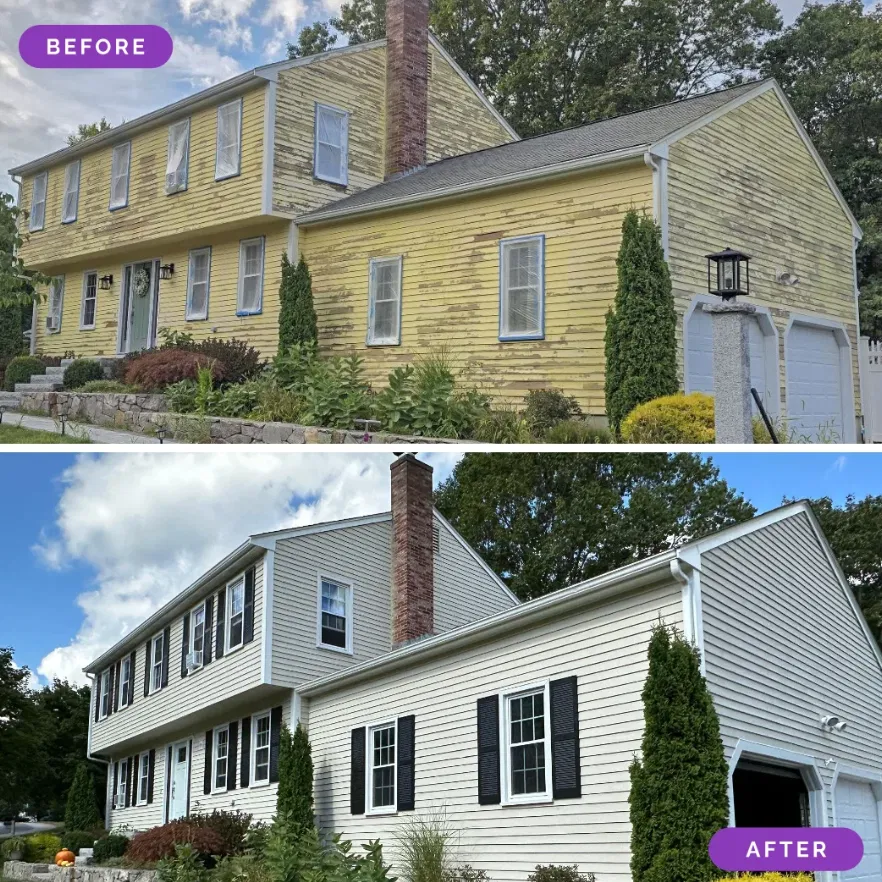 Residential vs Commercial Painting: The Real Differences (From a Company That Does Both) 2 Before and after of a colonial home exterior, peeling yellow siding above and fresh white siding with black shutters below