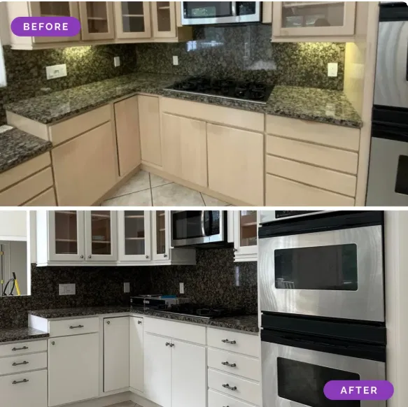 Residential vs Commercial Painting: The Real Differences (From a Company That Does Both) 4 Before and after of kitchen cabinets, dated light wood above and crisp white refinished doors below