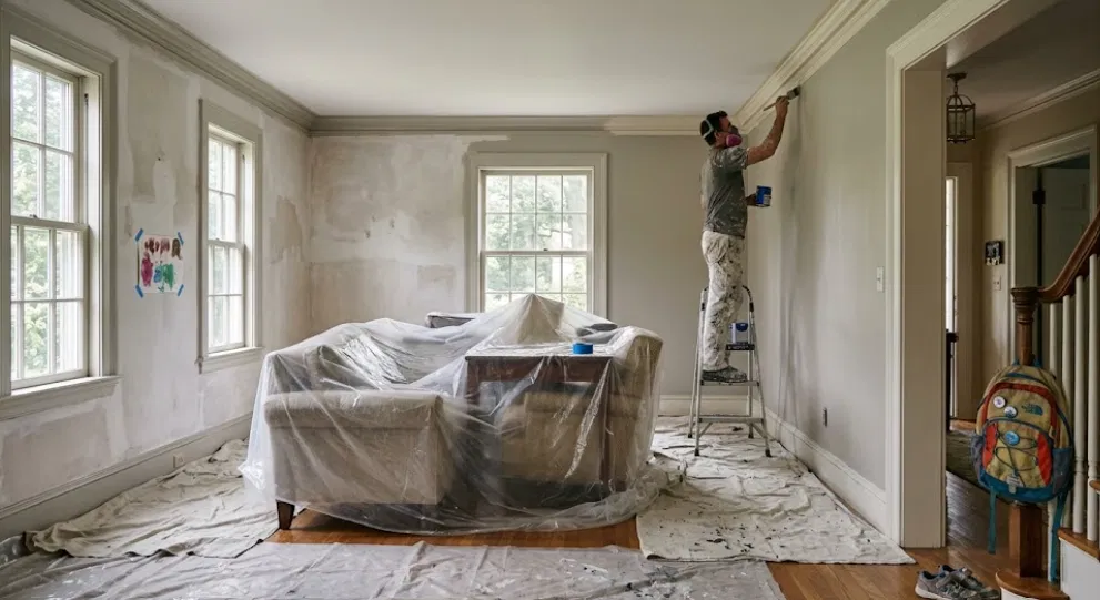 Residential vs Commercial Painting: The Real Differences (From a Company That Does Both) 1 Painter cutting in near ceiling trim in an occupied living room with furniture wrapped in plastic and floors covered